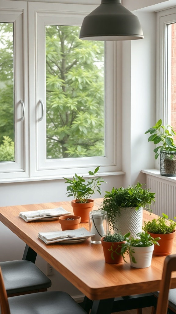 A cozy breakfast nook with a wooden table, various potted plants, and a view of greenery outside the window.