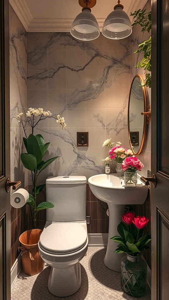 A luxurious powder room featuring greenery and fresh flowers for a vibrant touch.