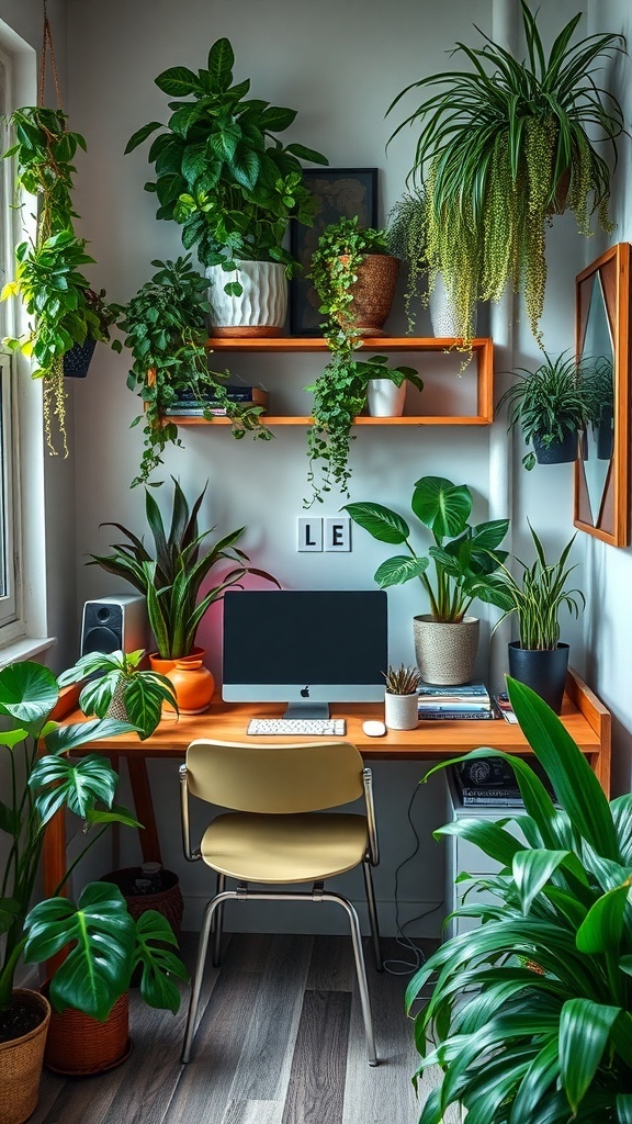 A cozy workspace with a wooden desk, a computer, and various plants in pots, creating a green and inviting atmosphere.