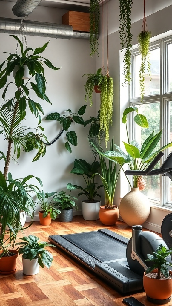 A stylish home gym featuring various indoor plants, a treadmill, and a bright window.