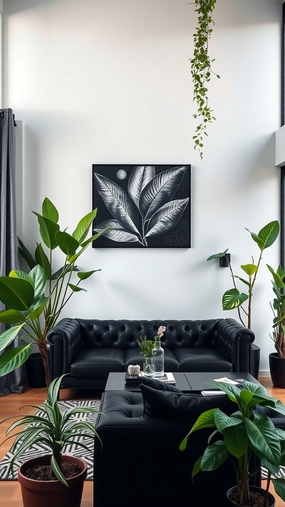 A stylish living room featuring black furniture and various green plants.