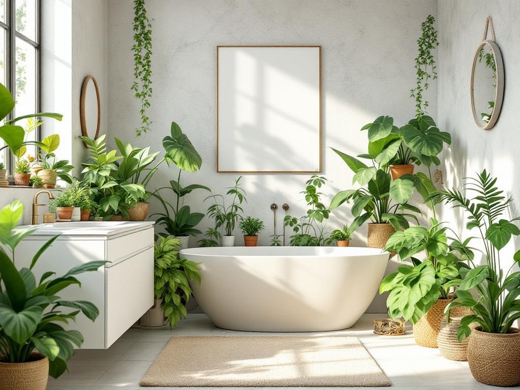 A modern tropical bathroom featuring a white archway tub, floating vanity, and various indoor plants in pots.
