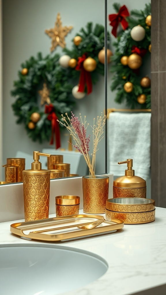 A beautifully decorated bathroom with gold metallic accents, including a soap dispenser, trays, and decorative containers, alongside festive wreaths.