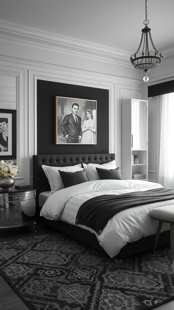 Stylish black and white bedroom featuring a chandelier and metallic accents