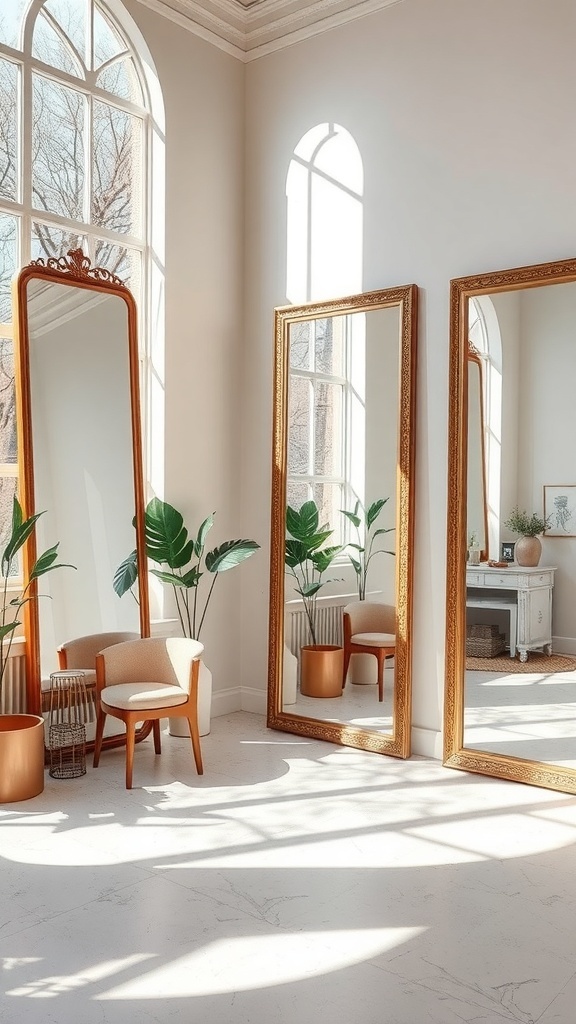 A bright room featuring large mirrors reflecting sunlight, with plants and stylish furniture.
