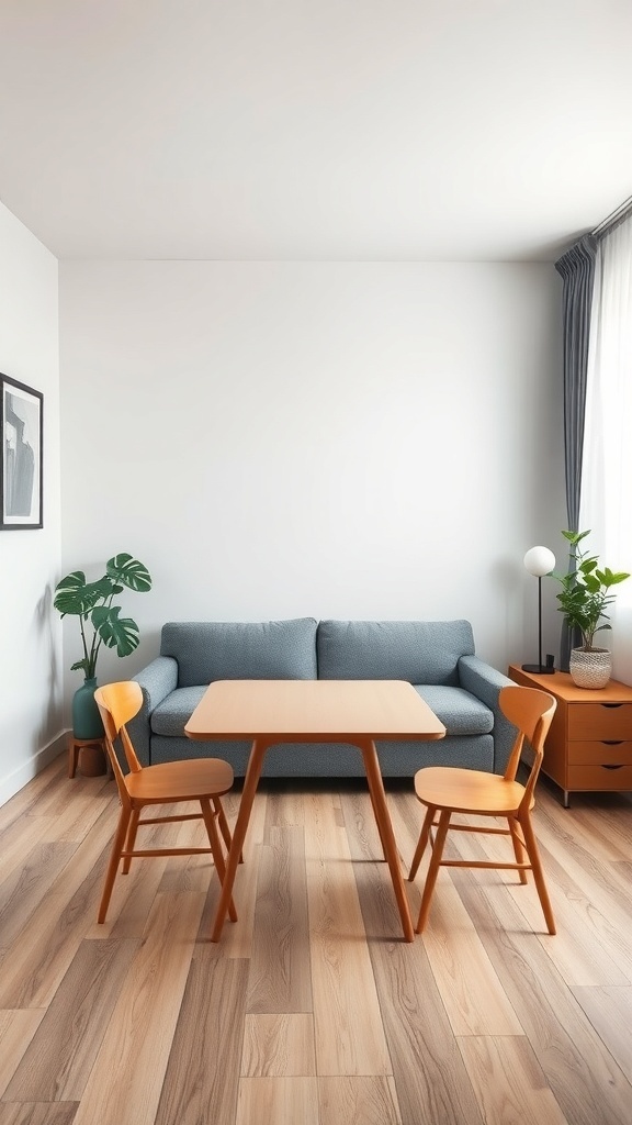 A cozy studio apartment featuring a blue sofa, a wooden dining table with two chairs, and plants, showcasing multi-functional furniture.