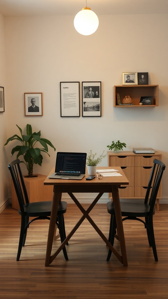 A small dining room with a compact table and chairs, featuring a cabinet and wall art.