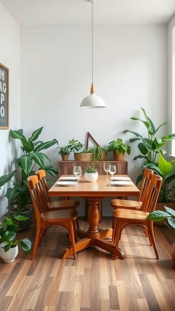 A small dining room featuring a wooden table, chairs, and various indoor plants.