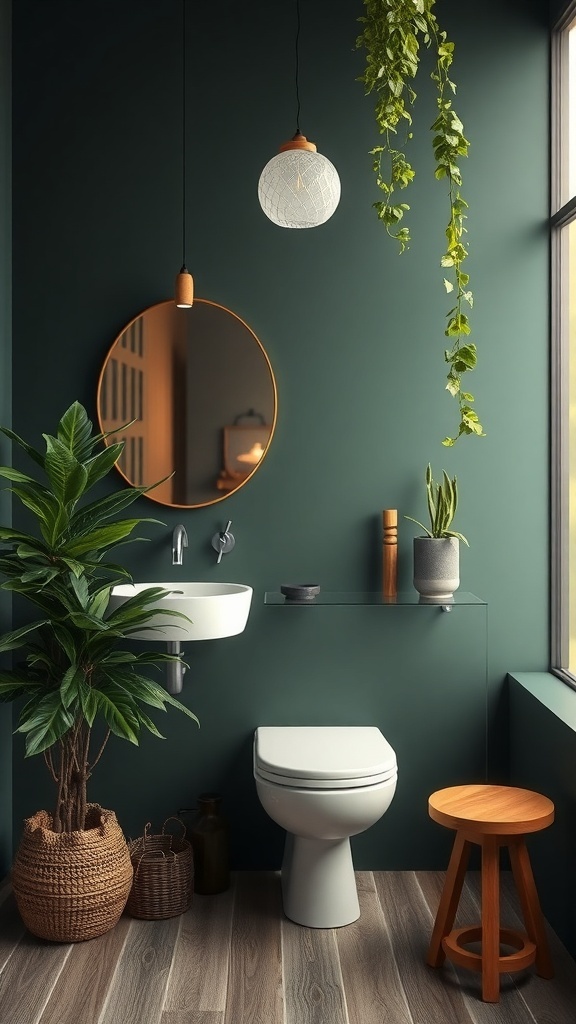 A serene dark green bathroom featuring plants, a round mirror, and wooden accents.