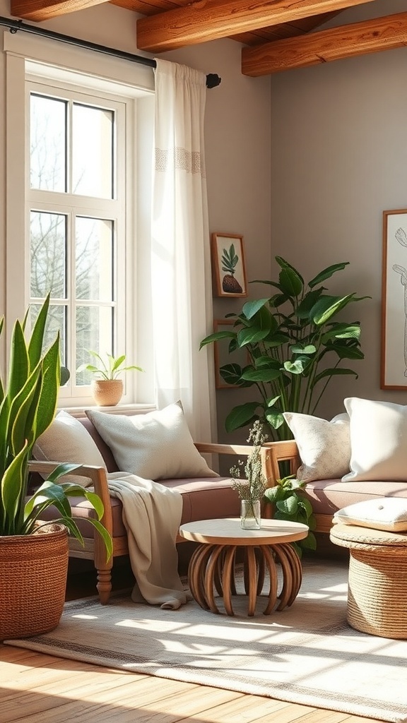 A cozy living room with plants, natural light, and soft textiles.