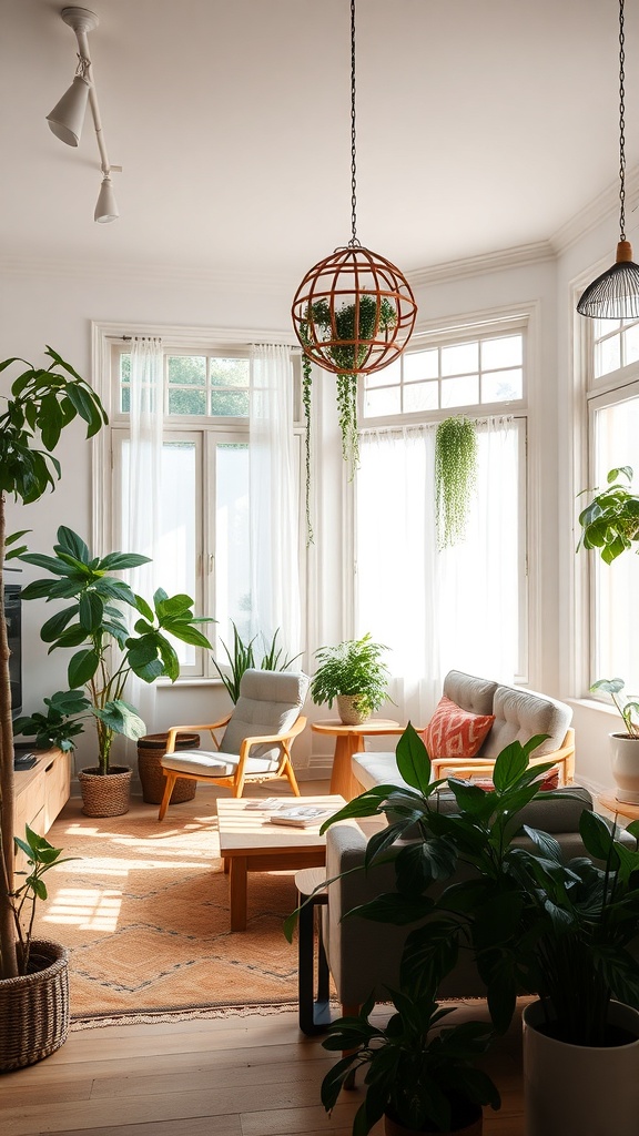 A cozy boho living room with plants, wooden furniture, and natural light.