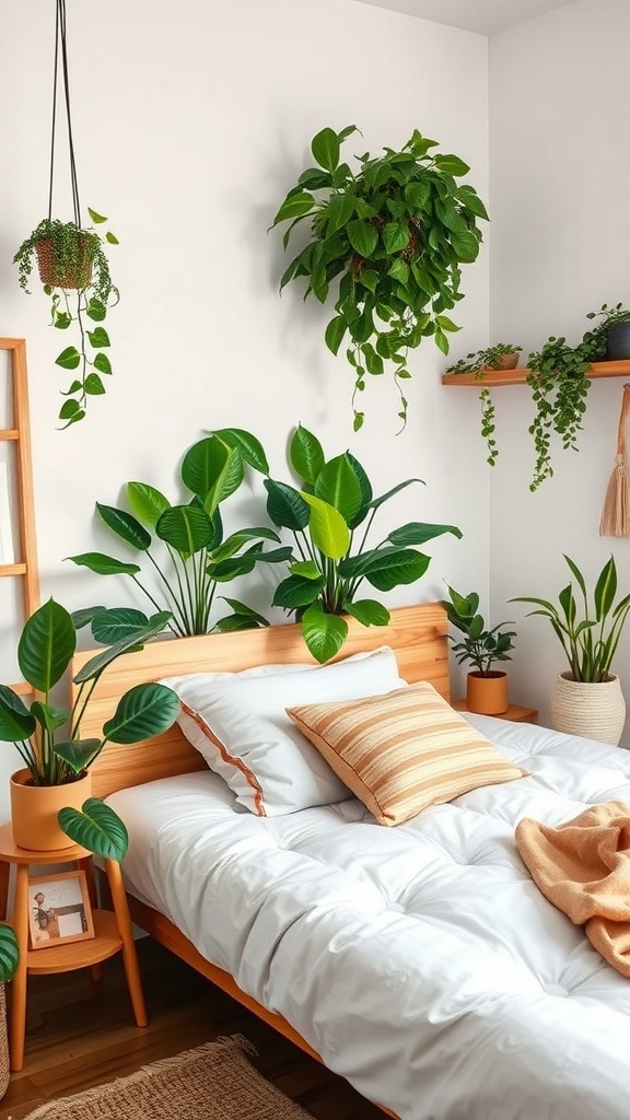 A cozy bedroom featuring a wooden bed with white bedding, adorned with various green plants on the walls and shelves.