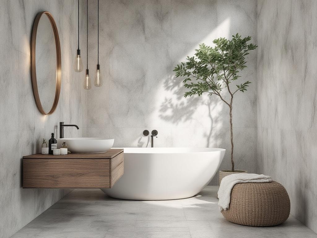 A modern bathroom featuring a white tub, wooden vanity, and a plant, showcasing a mix of metals and natural elements.