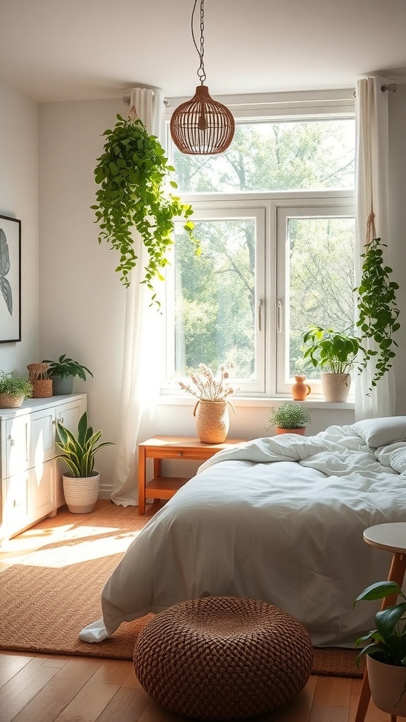 Cozy bedroom with natural light and green plants