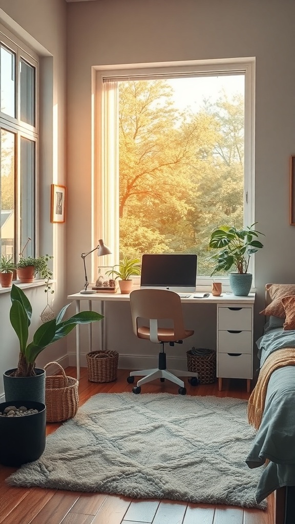 A cozy bedroom workspace with a desk by a large window, filled with natural light and plants.