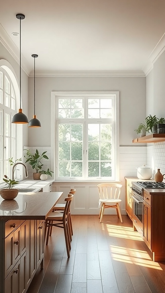A bright kitchen with large windows, wooden cabinetry, and plants, showcasing natural light.