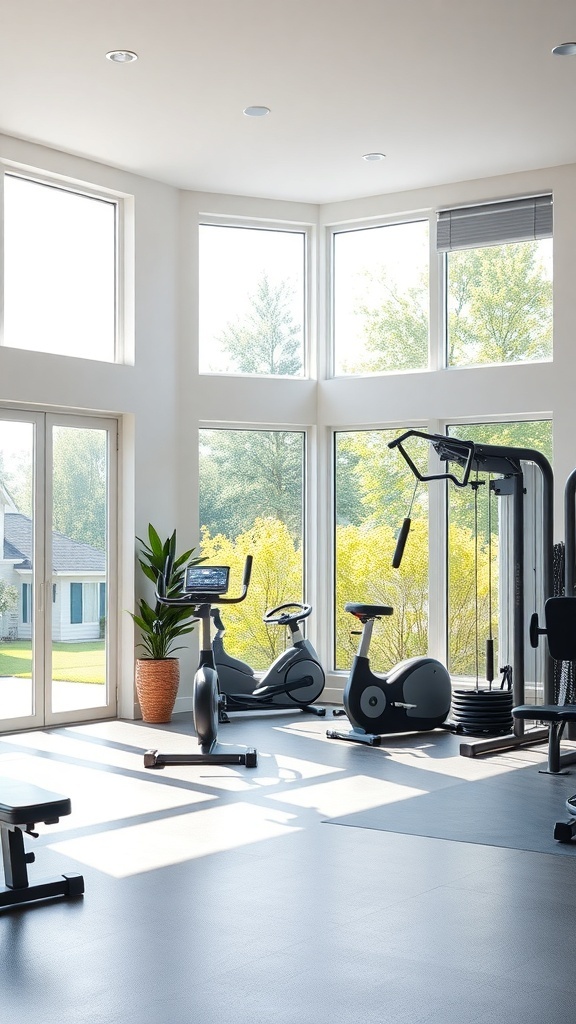 A bright home gym with large windows, exercise equipment, and plants.