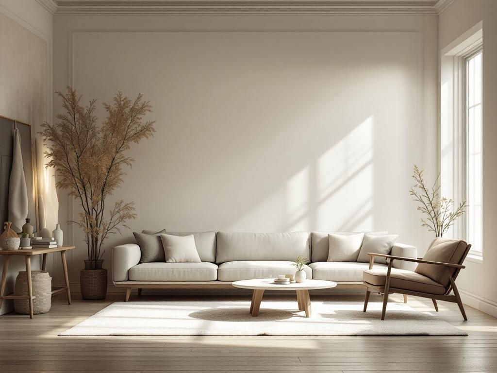 A cozy minimalist living room with natural light streaming through large windows, highlighting a neutral color palette and natural elements.