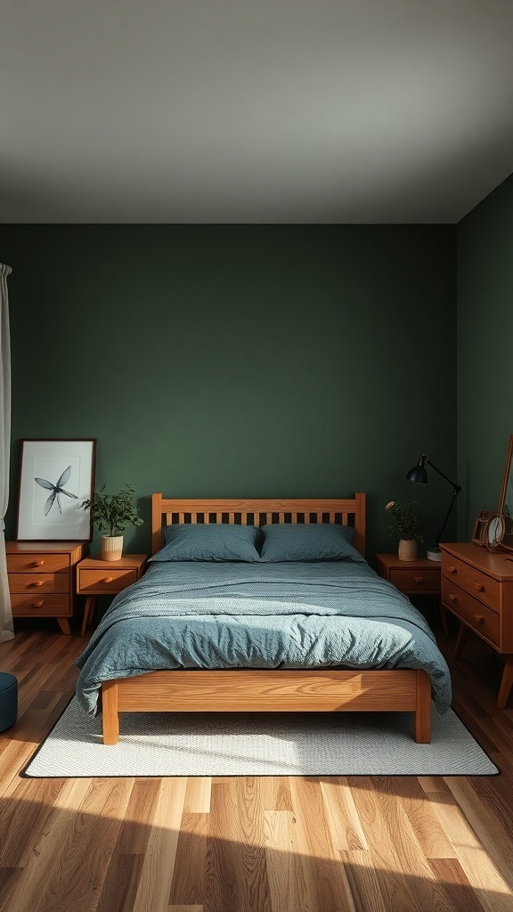 A cozy bedroom featuring a moody green wall and natural wood furniture.