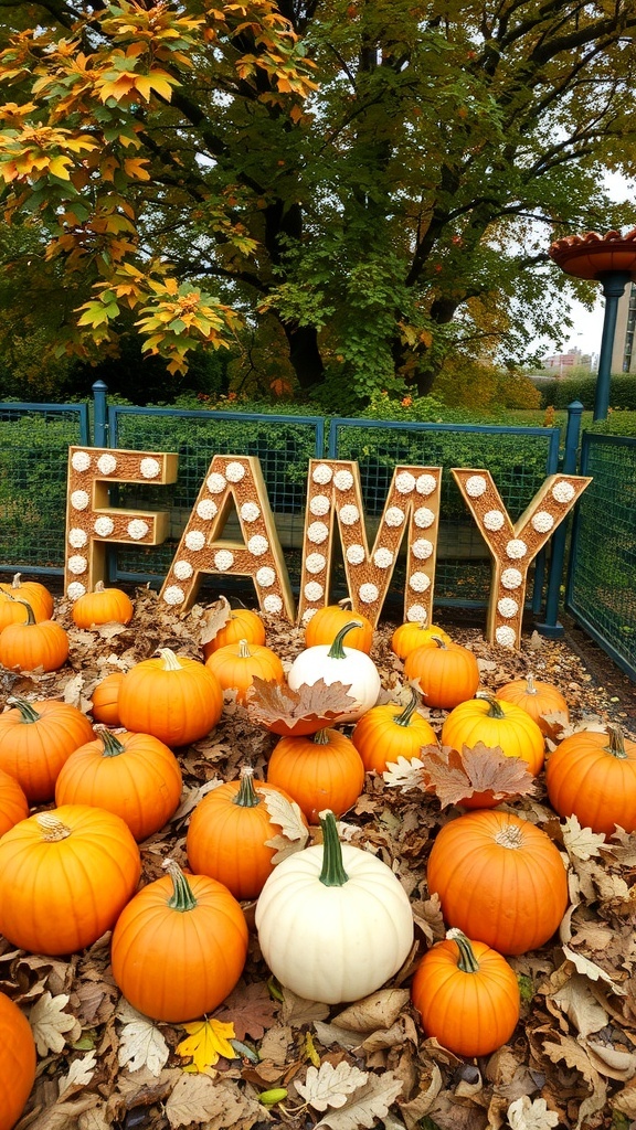 A display of pumpkins surrounded by autumn leaves with a decorative sign spelling 'FAMY.'
