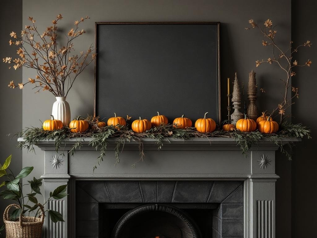 Halloween fireplace mantel decorated with pumpkins and natural elements