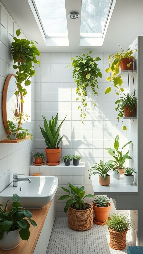 A bright bathroom filled with various plants, showcasing a calming and natural atmosphere.