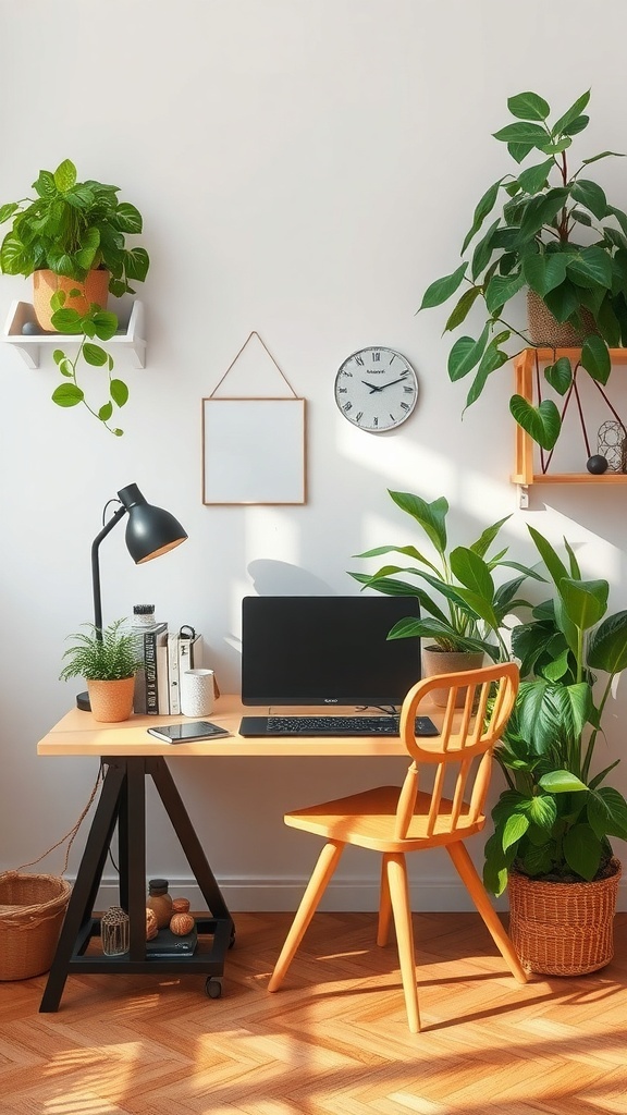 A cozy study space featuring a wooden desk, a chair, and several green plants in pots, creating a vibrant and inviting atmosphere.