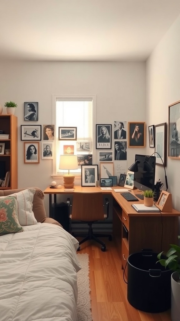 A cozy bedroom with a queen bed and a functional office setup, featuring framed photos on the wall and a desk with a plant.