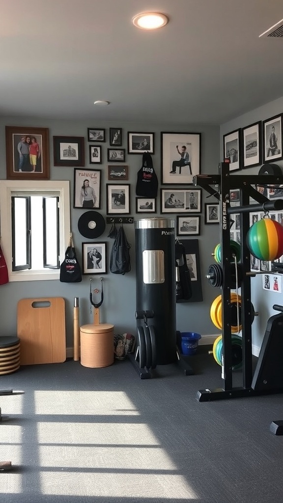 A stylish home gym with framed photos on the walls, workout equipment, and colorful weights.