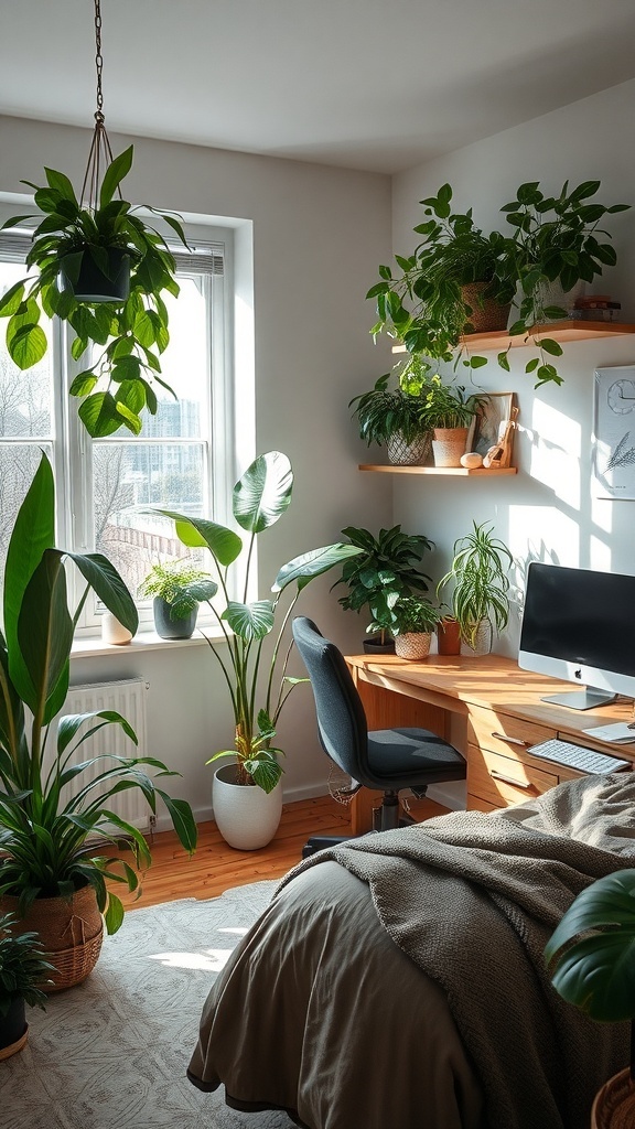 A cozy bedroom with a queen bed and various plants, showcasing a functional office setup.