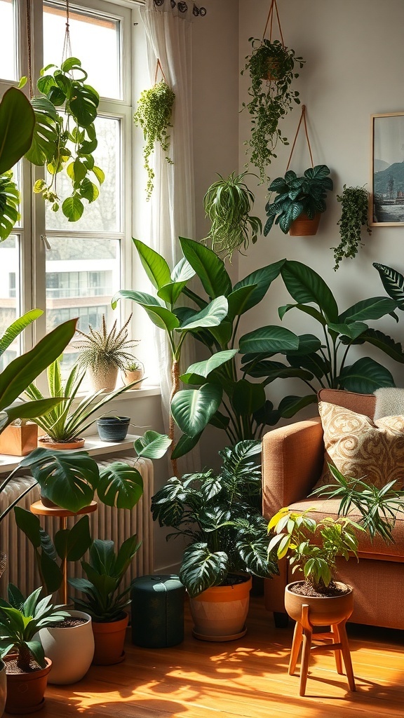 A cozy living room filled with various indoor plants, including hanging and potted plants, next to a comfortable sofa.