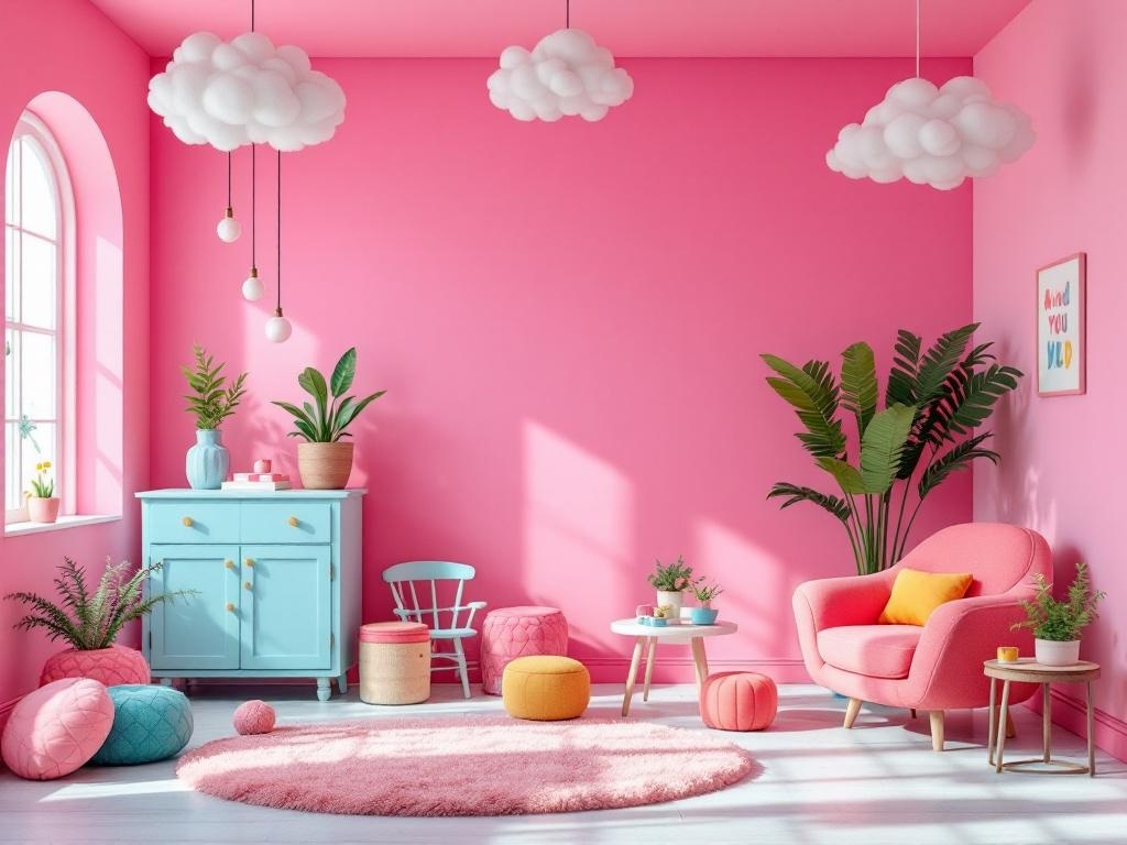 A playful room with a bubblegum pink ceiling, cloud-shaped light fixtures, colorful poufs, and plants.