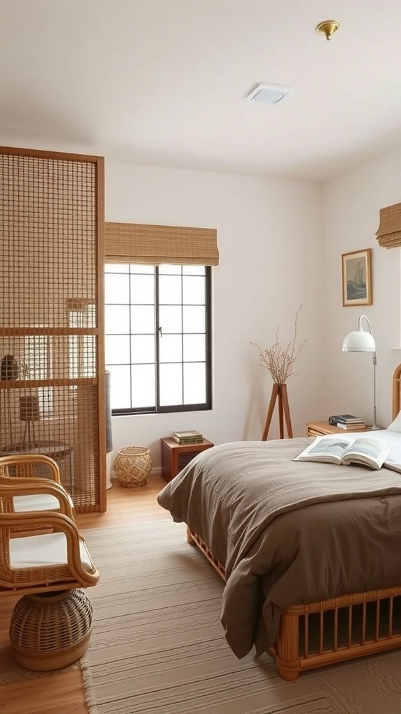 A serene Japandi-style bedroom featuring rattan and cane furniture, showcasing a low-profile bed and warm, natural materials.