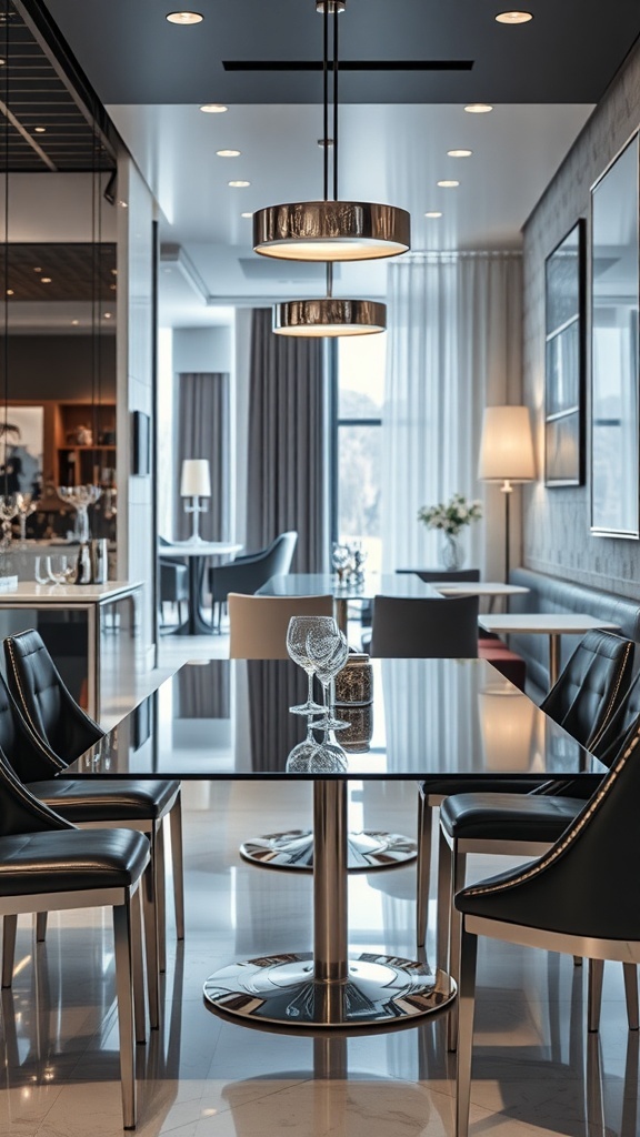 A modern dining area featuring a reflective table, stylish chairs, and elegant lighting.