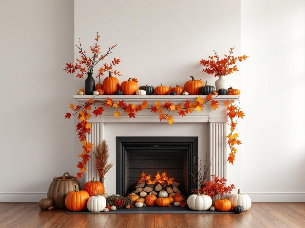 A beautifully decorated fireplace mantel featuring pumpkins, autumn leaves, and warm colors for Halloween.