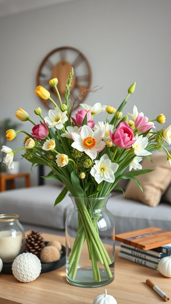 A vibrant bouquet of tulips, daffodils, and white flowers in a glass vase on a wooden table.