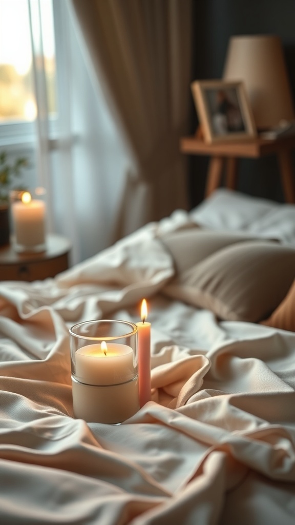 A cozy bedroom scene featuring soft fabrics, candles, and a personal touch with a framed photo.