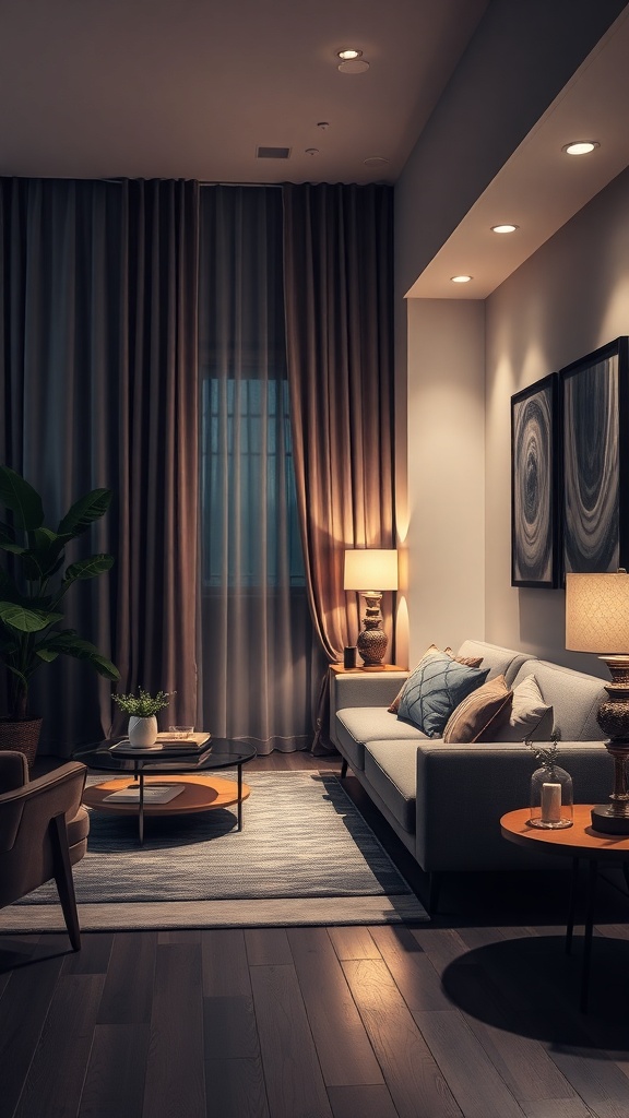A modern living room with smart lighting, featuring soft recessed lights and warm table lamps, creating a cozy atmosphere.