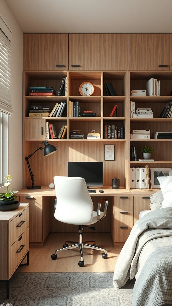 A cozy office space with a queen bed, featuring smart storage solutions like shelves and cabinets.