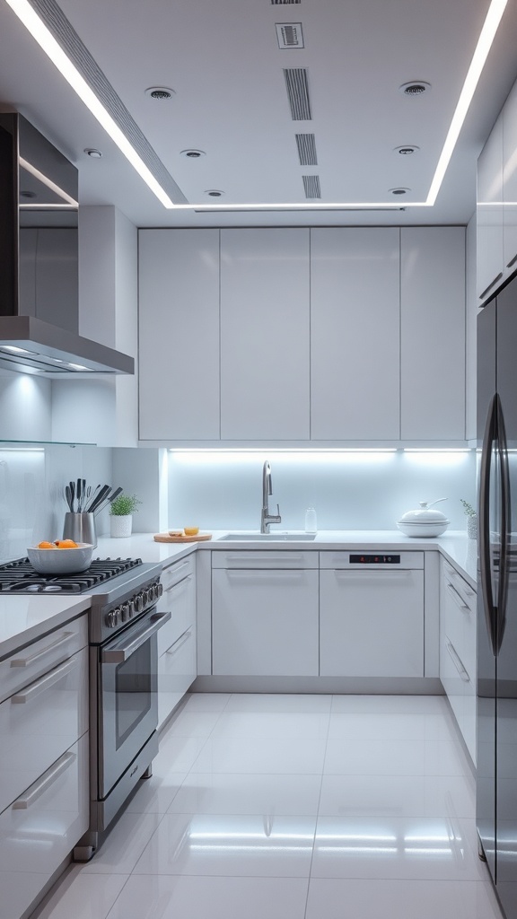 A modern kitchen with sleek cabinetry, stainless steel appliances, and smart lighting.