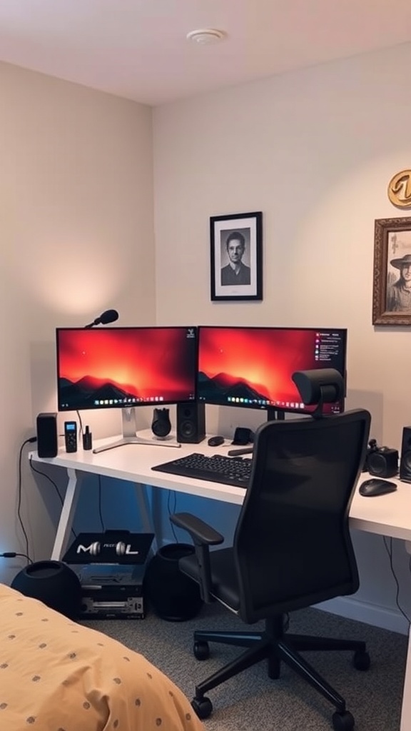 A modern office setup in a spare bedroom featuring dual monitors, a comfortable chair, and various tech gadgets.