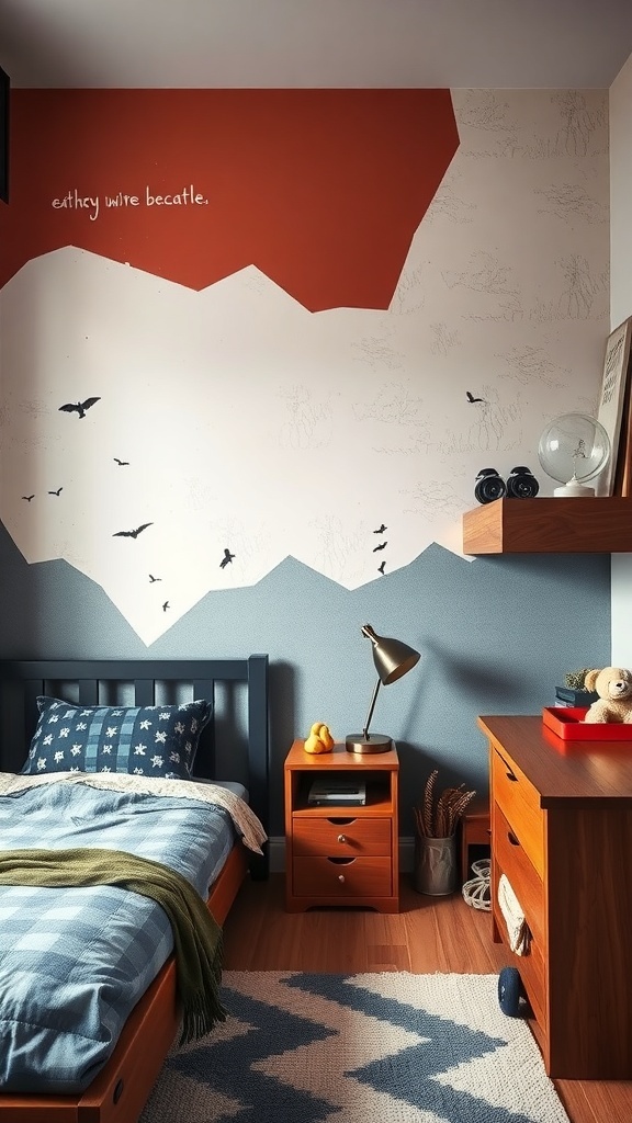 A cozy boys room featuring textured elements like a patterned rug and layered bedding.