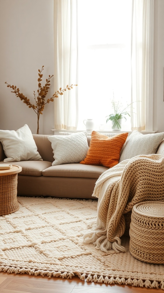 Cozy living room with a beige sofa, colorful pillows, knitted throw, and a textured rug.
