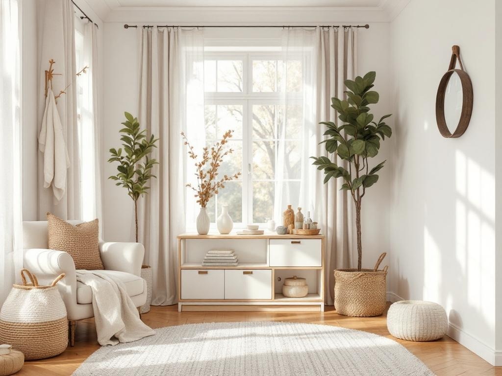 A bright and tidy living room with plants, a cozy chair, and minimal decor, showcasing a clutter-free environment.