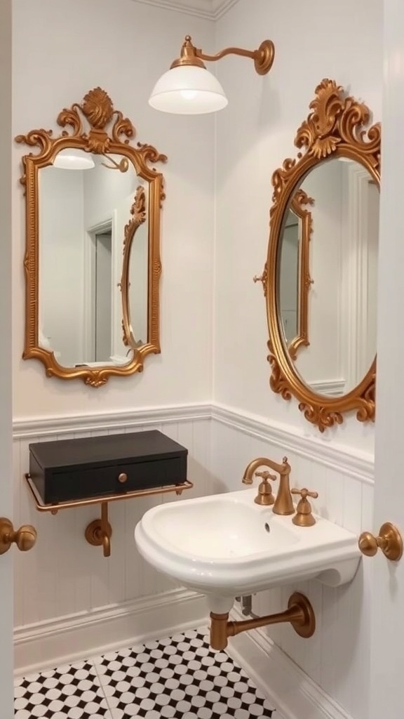 A stylish powder room featuring vintage golden mirrors, a black drawer, and patterned floor tiles.