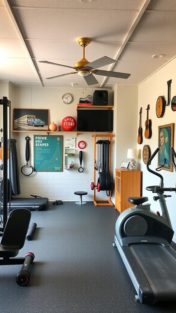 A stylish home gym featuring vintage decor, modern exercise equipment, and warm wooden accents.
