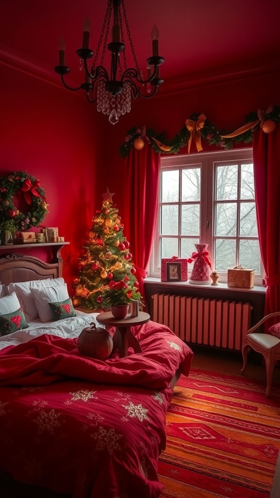 A cozy bedroom decorated with warm red colors for Christmas, featuring a Christmas tree, red curtains, and festive decorations.