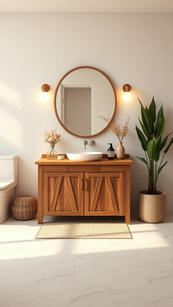 A cozy bathroom featuring warm wood accents, a round mirror, and natural decor elements.