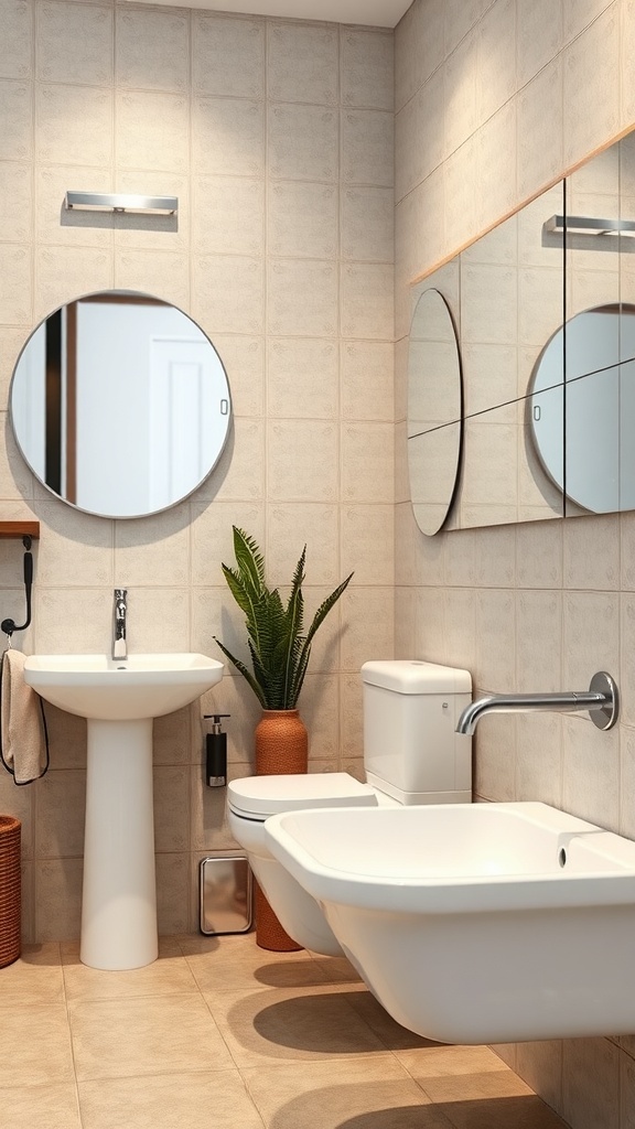 A modern bathroom featuring water-saving fixtures, including a sleek sink and toilet, with a minimalist design and natural elements.