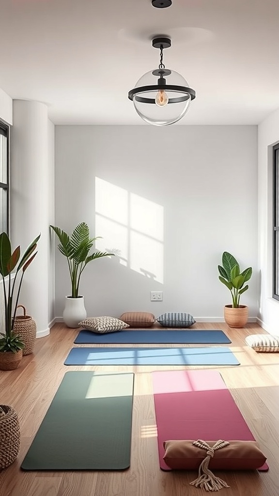 A peaceful yoga and meditation zone with mats and plants